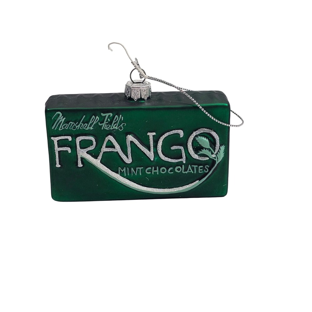 Marshall Fields Frango Mint Chocolate Glass Christmas Ornament Green Silver Logo